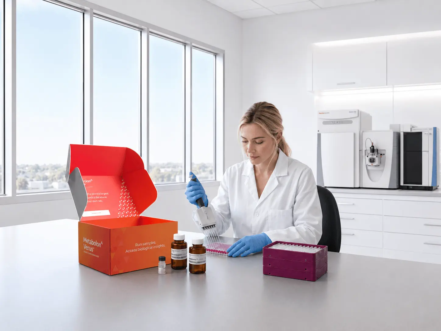 Scientist works in lab with Metabolon Verus kit reagents