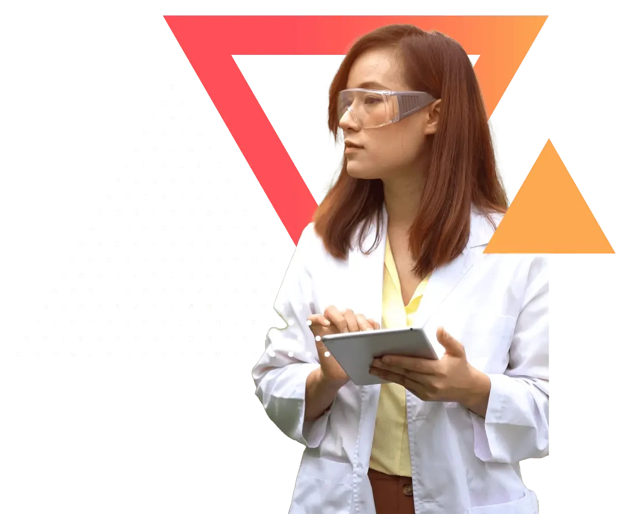 scientist with a tablet and Metabolon shapes
